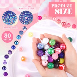 Huquary 50 Pcs 20 mm Beads for Pens Bubblegum Beads Large Round Gumball Beads Acrylic Chunky Beads Rhinestone Beads Colored Resin Chunk Disco Ball Beads for Necklace Jewelry Making DIY Crafts Supplies
