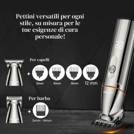 BarberBoss Rasoio per barba 5 in 1, da uomo, kit per la toelettatura degli uomini, tagliacapelli senza fili, rasoio per naso e corpo con display a LED e ricarica USB-C, body groomer