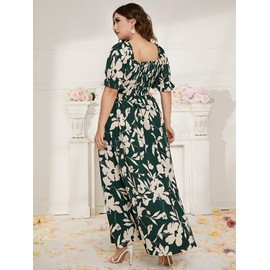 MakeMeChic Women's Plus Size Boho Casual Dress Floral Short Sleeve Shirred Square Neck Maxi Flomal Dress A Multicolor 1XL