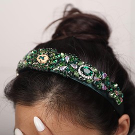JWICOS Rhinestone Headband Baroque Crystal Hairband Hair Accessories Fashion Handmade Headband Hair Hoops for Women Girls (Green)