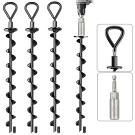 Fuuner 4 Pack 15" Screw-in Ground Anchors, Heavy Duty Spiral Earth Anchors for High Winds with Nut Driver Drill Bit for Trampolines, Tents, Greenhouse, Swing Sets and Canopies