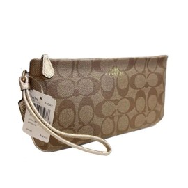 Coach NWT Auth Coach Signature Large Top Zip Wristlet Wallet 65748 Khaki/Platinum