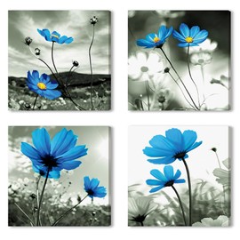 LOZULO Wall Art Pictures for Living Room, Blue Flowers Wall Artwork Canvas Prints Framed for Hallway and Stairs Kitchen Bedroom Bathroom Decor 30x30cm