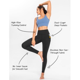 Yogaration Yoga Pants with Dual-Layer Pockets, High-Waisted Full-Length Leggings for Women, Stretchy and Non-See-Through Black