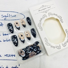 LWTZLW Black French Tip Press on Nails Medium Almond False Nails with Moon Stars Glitter Design Full Cover Glue on Nail Reusable Acrylic Fake Nails Glossy Artificial Stick on Nail for Women