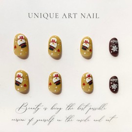 Christmas Short Press on Nails Chocolate Color Square Fake Nails Snowflake Christmas Tree Designs Acrylic Nails Gold Glitter Cover with Red Candy False Nails Christmas Short Nails for Women