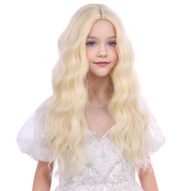 WAVELNM Kids Blonde Wig Girls Long Curly Wavy Wig Child Light Blonde Middle Part Wig Kids Wigs Girls Synthetic Wigs with Wig Cap