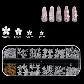 SAVITA 250pcs 12 Styles 3D Acrylic Flowers For Nails, 3D Nail Charms Flat Nails Accessories for DIY Nail Art Designs Jewelry Making (White)