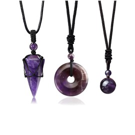 Jovivi 3 Pcs Amethyst Crystal Stone Necklaces Set for Men Women Natural Healing Gemstone Hexagonal Bead Donut Necklace Adjustable Rope Quartz Crystal Chakra Pendant Jewelry for Reiki Energy Protection