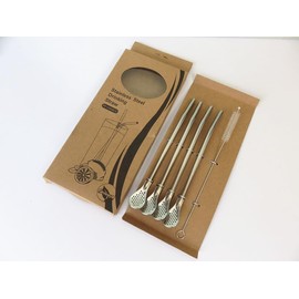 Reusable Stainless Steel Drinking Straws with Filter Spoon - 4 Pcs Set with Cleaning Brush for Boba, Smoothies, Coffee