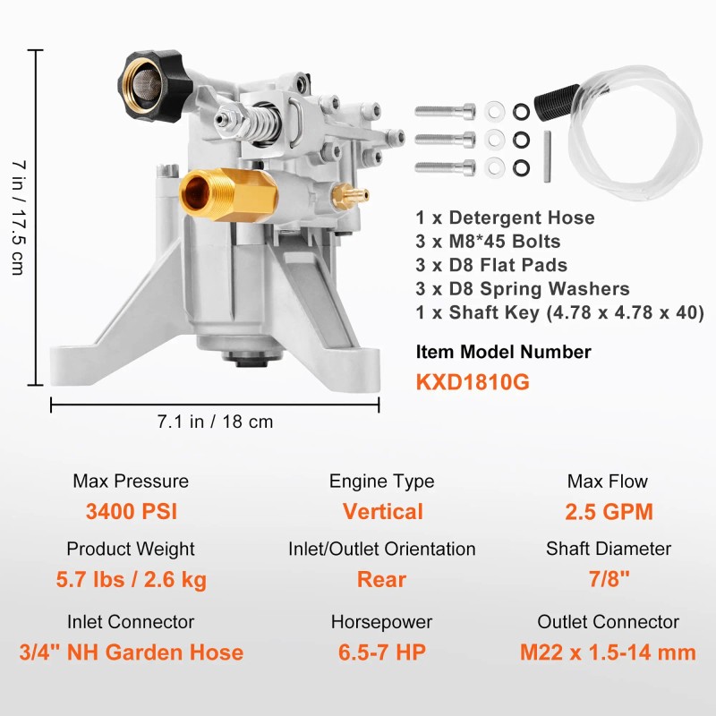 Replacement 7/8\" Shaft Vertical Pressure Washer Pump 3400 PSI 2.5