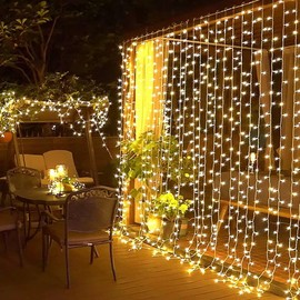 Upgraded Solar Curtain Lights, 300/600 LED Outdoor Waterproof Solar Powered Waterfall String Lights for Garden with USB Rechargeable 8 Modes Remote Control Curtain Fairy Lights (10Ft*10Ft)