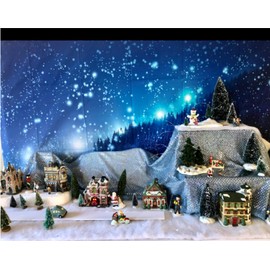 Leowefowa 5x3ft Christmas Backdrop Rustic Village Night View Forest Trees Snowing Shining Lights Blue Sky Winter Xmas Vinyl Photography Background Kids Children Adults Photo Studio Props