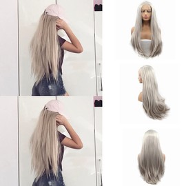 Platinum Blonde Synthetic Lace Front Wigs Natural Looking Straight Soft Ash Blonde Half Hand Tied Long Heat Resistant Party Cosplay Wig 26 Inch