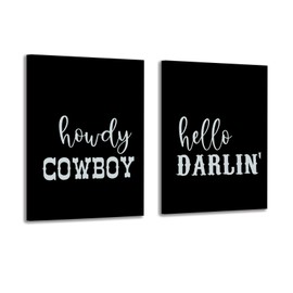 KEUSPI Howdy Cowboy Hello Darlin Western Wall Art Set of 2 - Western Wall Decor for Bedroom, Western Room Decor, Cowboy Cowgirl Wall Decor, Western Canvas Wall Art, 11x14