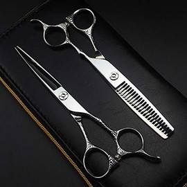Hair Cutting Scissors, 6inch 9cr13 Steel Flower Cut Hair Salon Scissors Makeup Cutting Barber Thinning Shears Hairdressing Scissors (Color : Set With Bag, Size : Q)