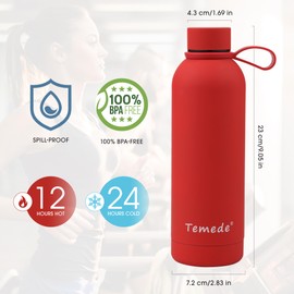 Temede Insulated Water Bottle 1 Litre, Double Walled Vacuum Stainless Steel Water Bottle for 12 Hours Hot & 24 Hours Cold Drinks, BPA Free, Leakproof Metal Flask Great for Men, Women & Kids, Large,Red
