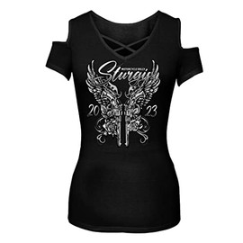 Biker Life Clothing Ladies 2023 Sturgis Motorcycle Rally Guns & Roses Cut Shoulder Chest Detail Shirt Black/XL