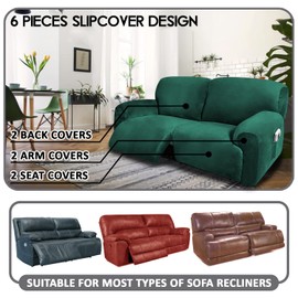 ULTICOR Extra Wide 75" - 100", Reclining 2 Seater Sofa Cover, Extra Wide Reclining Love Seat Slipcover, 6-Piece Velvet Stretch, Reclining Sofa Covers, Thick, Soft, Washable (Retro Green)