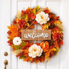 Fall Wreath for Front Door, 24 Inch Artificial Autumn Door Decor