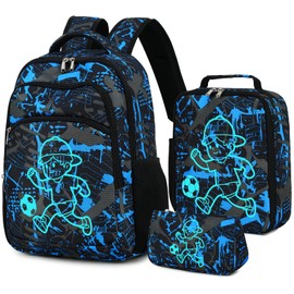 LOIDOU School Backpack Set Girls 3-Piece Children's Backpack School Bag Teenager Backpack Boys Children Ergonomic School Bag, Football Blue