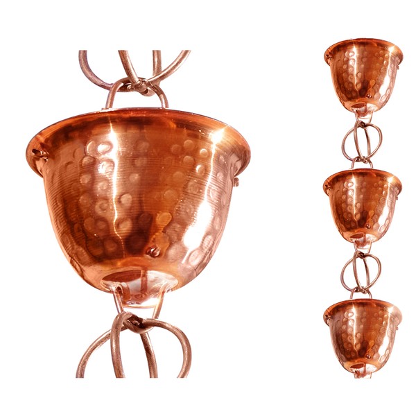 Monarch Rain Chains 26558 Pure Copper Hammered Cup Rain Chain Replacement Downspout for Gutters, 8-1/2 Feet Length