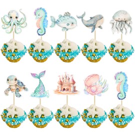 Ephlyn - 36 piezas de adornos para magdalenas de animales del océano bajo el mar, decoración de palillos de dientes para decoración de tartas de cumpleaños con temática oceánica