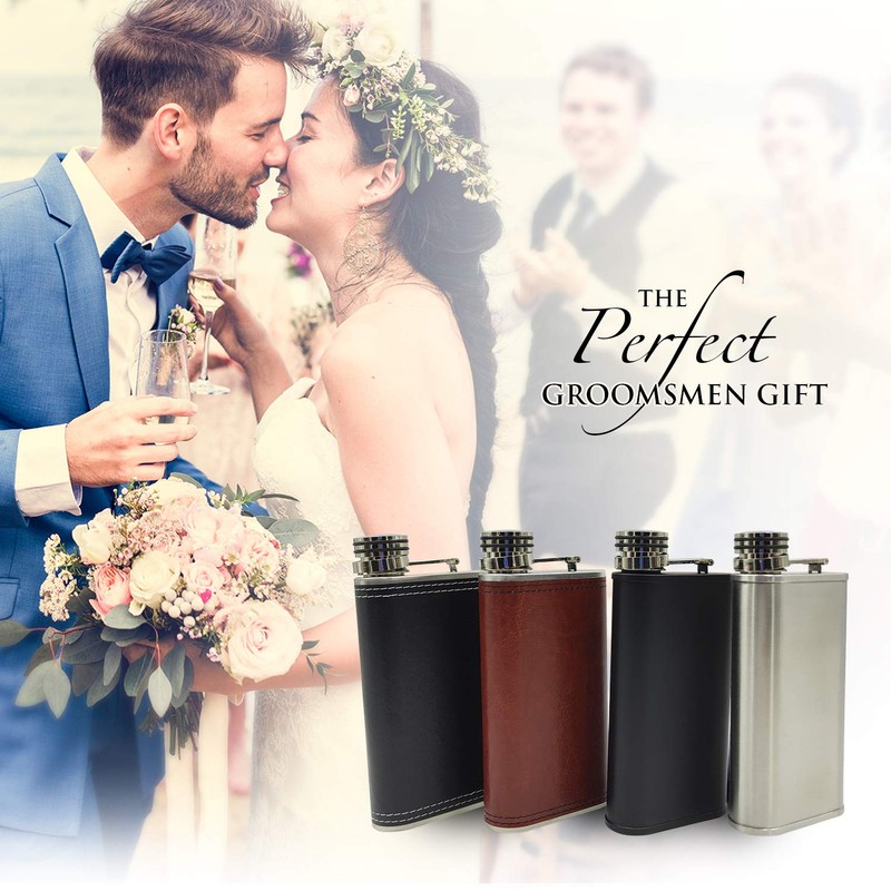 Brown PU Leather 8oz Grip Cap Pocket Flask + Funnel