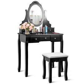 Giantex Vanity Set with Oval Mirror & Cushioned Stool, Makeup Dressing Table Large Storage with 5 Drawers, Mirrored Bedroom Vanities Makeup Table for Kids Girls Women, Easy Assembly (Black)