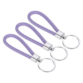 PATIKIL Braided Leather Keychain with Stainless Steel Key Ring, 3 Pack PU Woven Wristlet Lanyard Strap Fob Keyring Holder for Car Bag Wallet Pendant, Light Purple