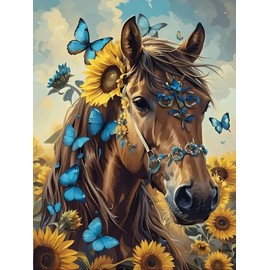 askkqtx Horse Diamond Art Kits for Adults, Horse Sunflower Diamond Painting Kit for Adults, DIY 5D Full Round Drill Diamond Crystal Gem Art Crafts for Home Decor Gift 12x16 Inch