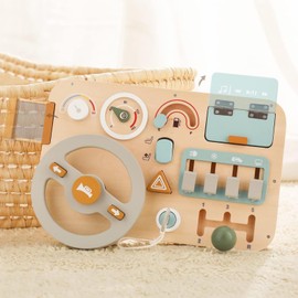 IEATFO Montessori Busy Board Wooden Sensory Toys Steering Wheel for Toddlers, Car Driving Toddler Busy Board Wooden Sensory Toys for Kids 3+ Years Old Preschool Learning Toys with Fine Motor Skills