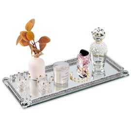 YCWF Silver Glass Vanity Tray,Perfume Tray,Mirror Trays for Bedroom Dresser,Crystal Cosmetic Makeup Tray,Decorative Tray for Home Decor Christmas Brithday Gift(Silver Crushed Diamond)