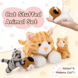 Muiteiur 4 Piece Cats Stuffed Animals, 15.7 inch Mom Plush Cat with 3 Kittens Stuffed in Zipper Pouch, Cute Yellow Mom and Baby Stuffed Cats for Kids Girls Boys Gift for Valentines Birthday