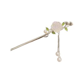Metal Flowers Hair Stick with Pearl Tassel, Rose Flowers Hairpin, Vintage Pearl Flower Hair Chopsticks, Antique Style Ponytail Headdress for Women (White, One size)