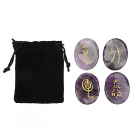 lvifloae 4Pcs Reiki Symbols Stones Amethyst Smoother Surfaces Engraved Chakra Stones Healing Crystal with Storage Bag for Home Decoration Meditation Ornament Gift (Type 1)