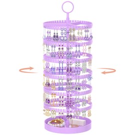 iDavosic.ly 6 Tier Rotating Earring Holder Organizer with Metal Tray, Adjustable Plastic Dangle Display Stands Tree with 342 Grooves, Large Hoop Storage Rack Tower, Purple