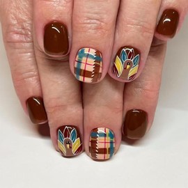 Thanksgiving Press on Nails Fall Short Square Fake Nails with Designs Turkey Brown Glue on Nails 24 Pcs Reusable Stick on Nail for Women WYFHDT