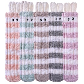 DYW Fuzzy Socks for Women Soft Cozy Fluffy Winter Warm Slipper Home Sleeping Animal Socks (5 Pairs Stripe)