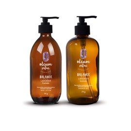 Oleum Vitae Kit Cuidado de la piel Duo Balance Shower Gel y Body Lotion con aceites esenciales de Lavanda presentacion 250 ml botella ambar