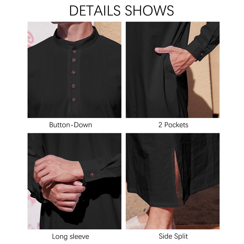 YAOHUOLE Islamic Thobe for Men Button down Mens Caftans Loungewear