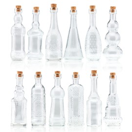 BULK PARADISE Small Mini Clear Vintage Glass Bottles with Corks, Mini Vases, Decorative, Potion, Assorted Design Set of 12 pcs, 4.6 Inch Tall (11.43cm), 1.4 Inch Wide (3.56cm)