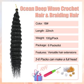 Herkeymidy Ocean Wave Crochet Hair 6 Packs 22 Inch Deep Wave Wavy Braiding Hair Crochet Synthetic Braids Hair Extension for Black Women (6 Packs, 1B)