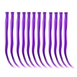 SWACC 12 Pcs Straight One Color Party Highlights Clip on in Hair Extensions Colored Hair Streak Synthetic Hairpieces (Purple)