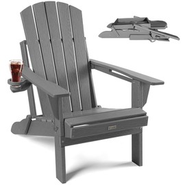 POWERWOOD Folding Adirondack Chair Wood Texture, Weather Resistant|Higher Back Plastic Adirondack Chairs with Cup Holder, HDPE Outdoor Chair for Patio, Porch, Deck, Garden, Fire Pit Chairs(Grey)