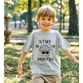 Sineeko Toddler Boys Valentines T-Shirt Baby Kids Stud Muffin Print Tops Kids Valentines Gift Grey 6T