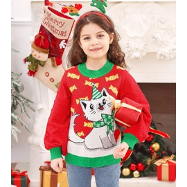 Toddler Ugly Christmas Sweater Girl Cat Lantern Sleeve Oversized Knit Red Xmas Jumper Tops 3T 4T
