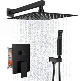 Shower System Wall Mounted 10 inch Shower Overhead for Bathroom,Rain Shower Combo Set with Handheld Spray,Luxury Rainfall Shower Head Rough-in Valve and Trim Included(Matte Black)