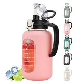 64 oz Glass Water Bottle with Handle and Straw Large 2L Water Bottle with Time Markers and Silicone Sleeve Half Gallon Water Jug BPA Free for Gym Daily Use