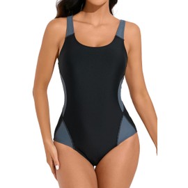 beautyin Womens Bathing Suits Athletic One Piece Swimsuit Modest Sports Swimwear Black/Grey